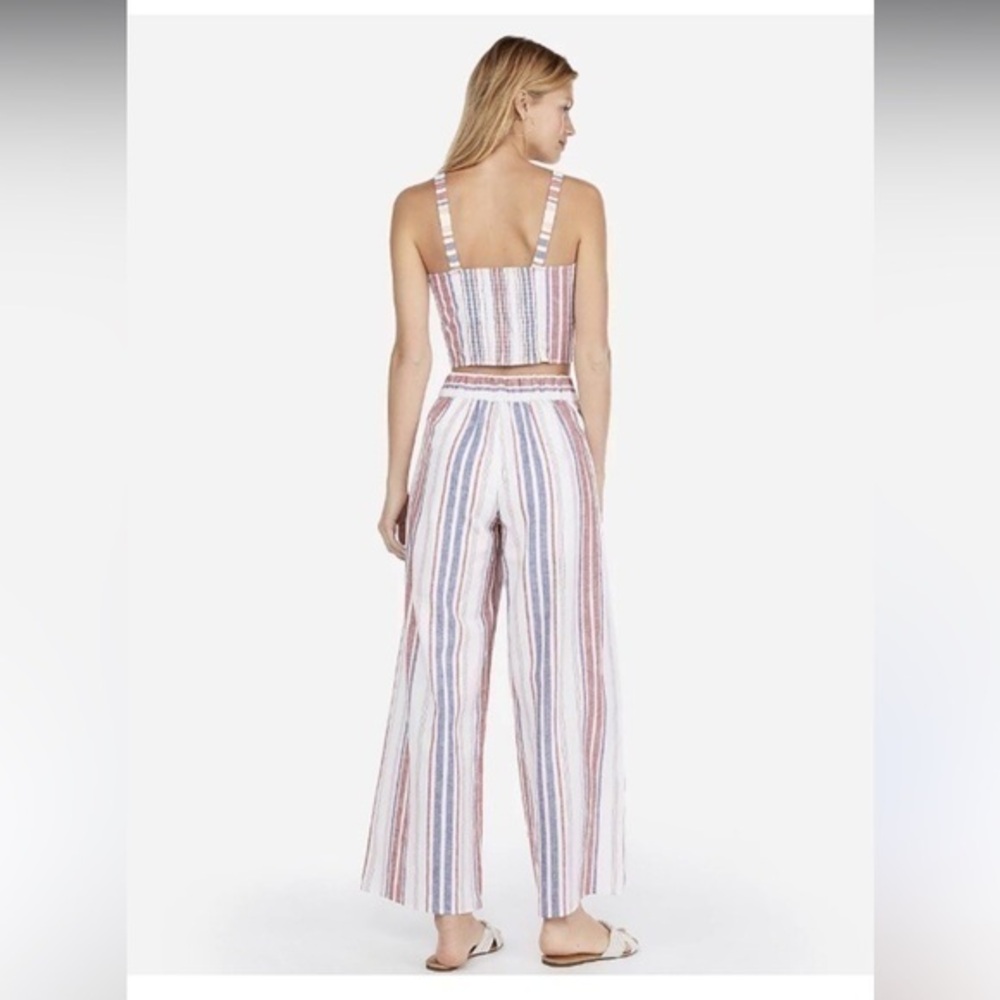 ▶️ Express ◀️ Linen Blend Matching Set, Crop smocked bow tank, high waist pants